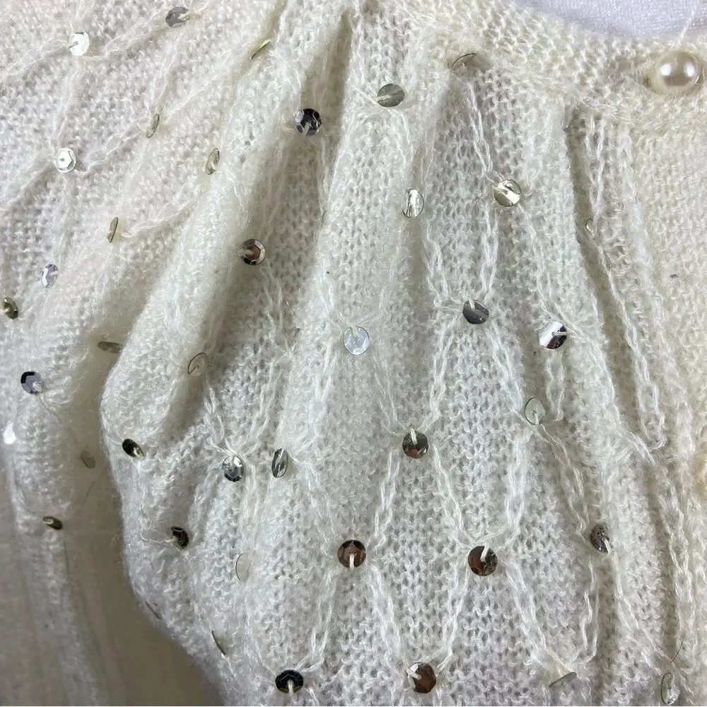 Vintage Ivory Button Front Cardigan With Silver Sequin detail Size Large_11